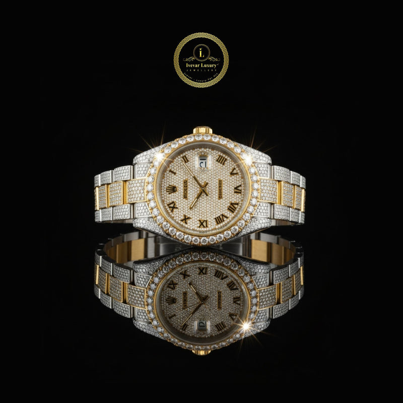Luxury Fully Iced Gold & Silver Diamond Watch with Classic Roman Dial By Ivevar Luxury