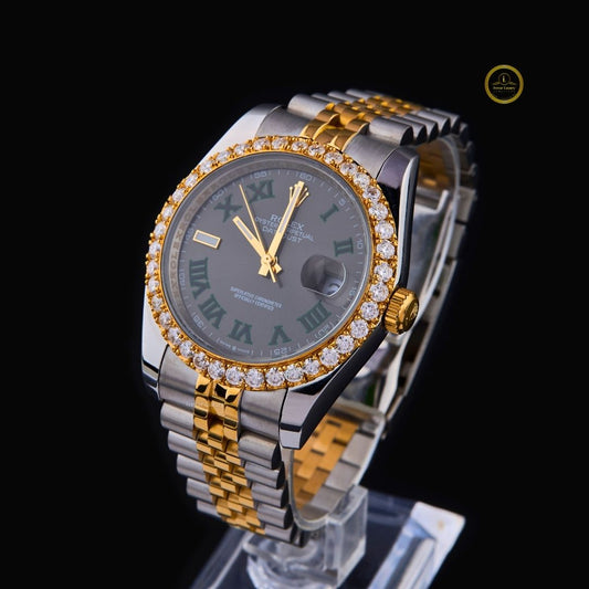 Luxury Two-Tone Diamond watch Set Timepiece Featuring Black Dial, Gold Accents, and Brilliant Bezel