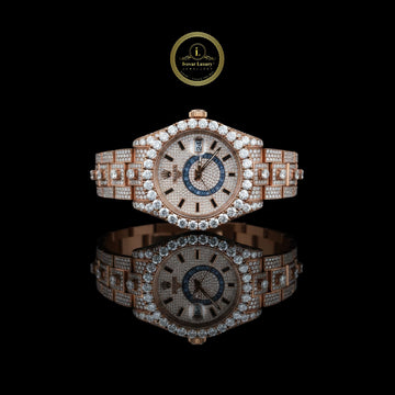 Sophisticated Rose Gold Fully Iced-Out Diamond Luxury Watch with Blue Accent Dial and Date Display