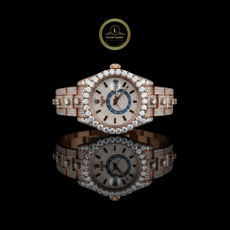 Sophisticated Rose Gold Fully Iced-Out Diamond Luxury Watch with Blue Accent Dial and Date Display
