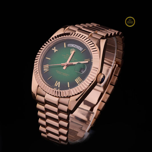 Rose Gold Executive Day-Date Watch Olive Green Ombré Dial with Fluted Bezel & President Bracelet