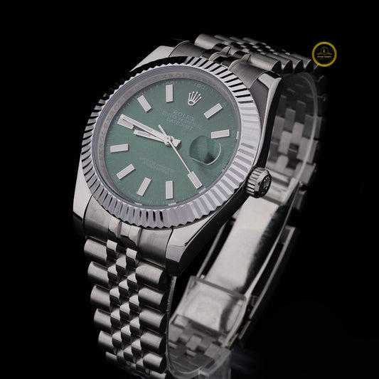 Luxury Olive Green Dial Executive Watch - Fluted Bezel & Jubilee-Style Bracelet