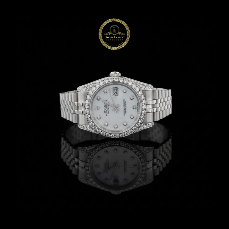 Luxury White Gold Diamond Set Watch Featuring Mother-of-Pearl Face