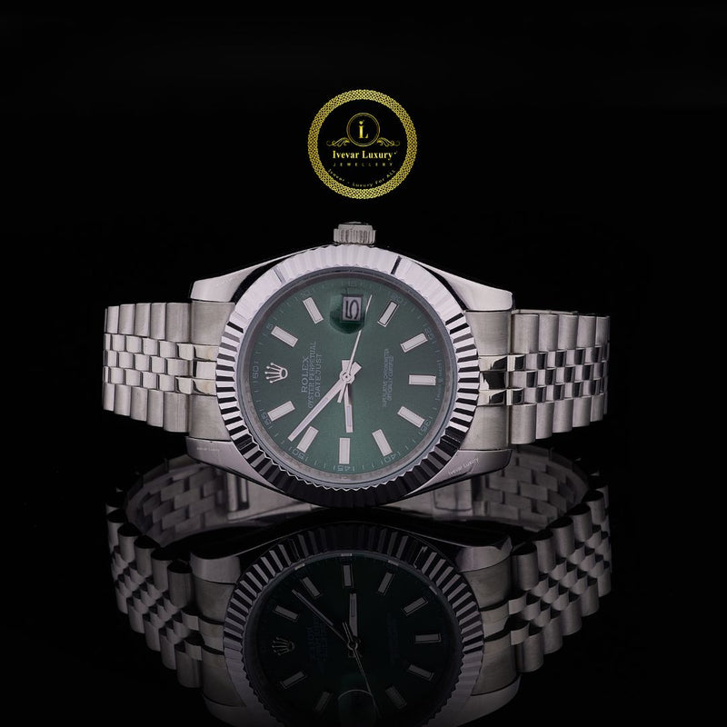 Luxury Olive Green Dial Executive Watch - Fluted Bezel & Jubilee-Style Bracelet