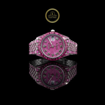 Exquisite Fully Pink Sapphire-Encrusted Luxury Timepiece with Roman Numeral Dial and Diamond Watch Accented Bracelet Design