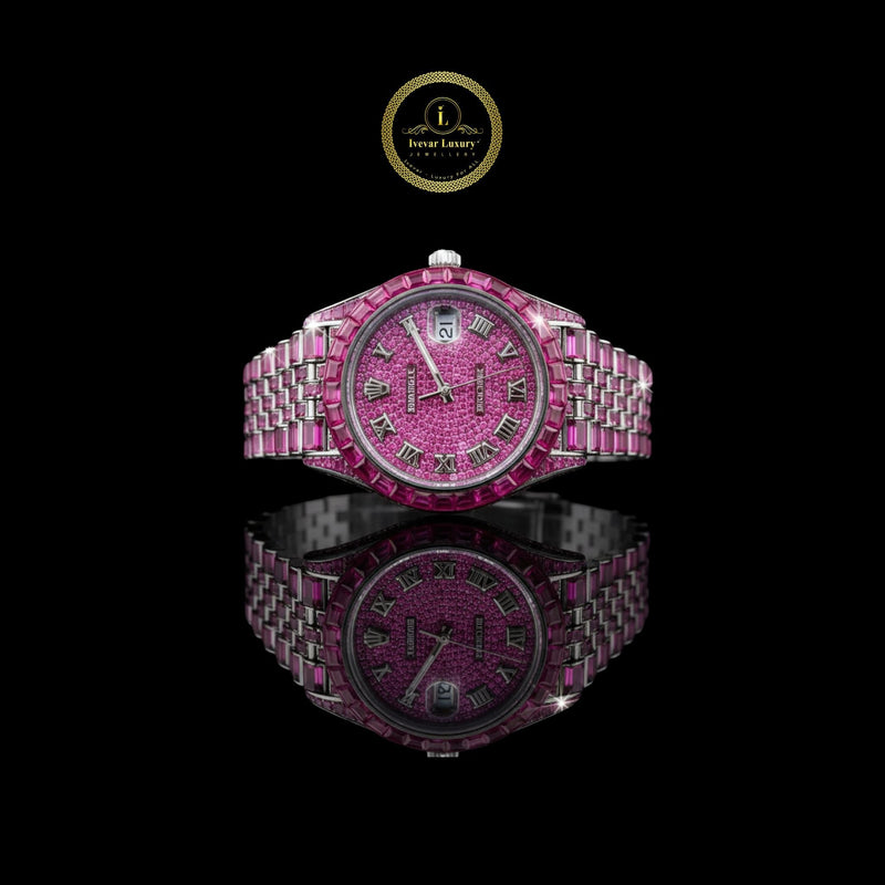 Exquisite Fully Pink Sapphire-Encrusted Luxury Timepiece with Roman Numeral Dial and Diamond Watch Accented Bracelet Design