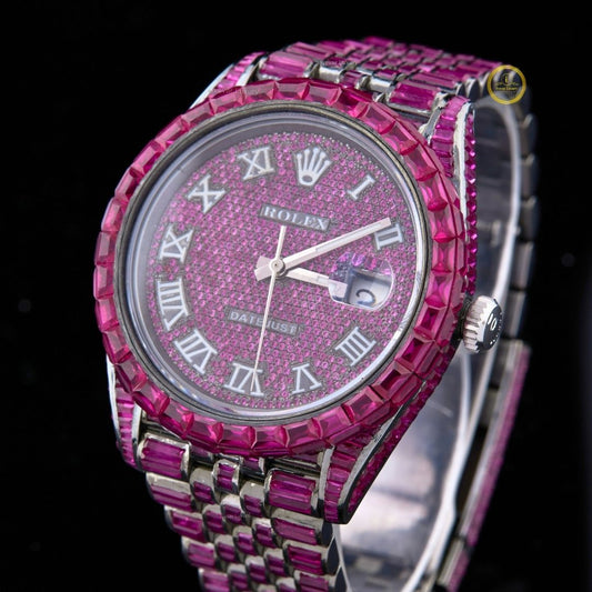 Exquisite Fully Pink Sapphire-Encrusted Luxury Timepiece with Roman Numeral Dial and Diamond Watch Accented Bracelet Design