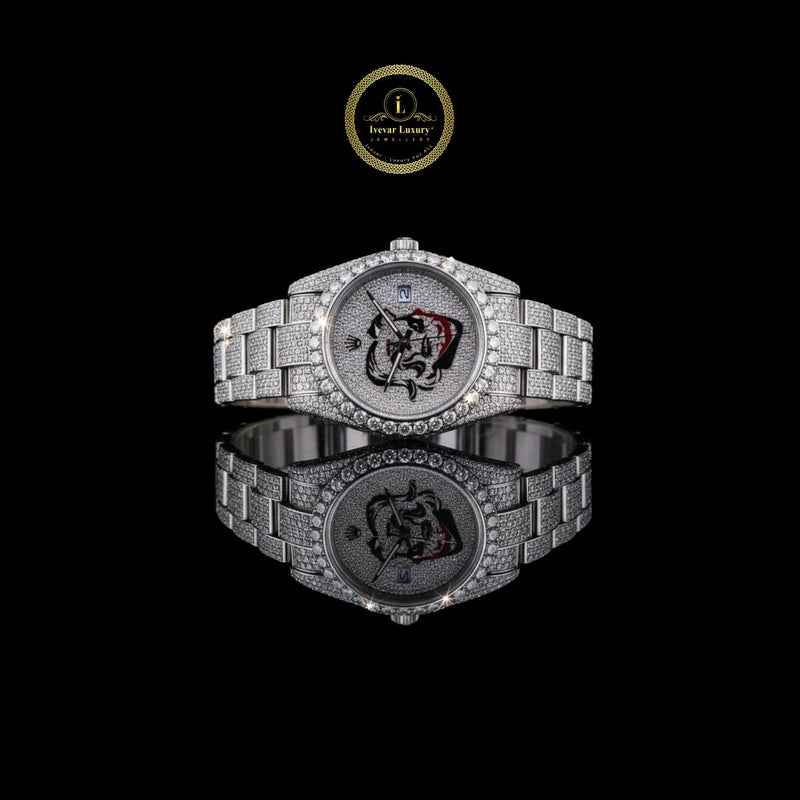 Exquisite Fully Diamond Encrusted Luxury Watch with Intricate Artistic Dial Design and Date Display