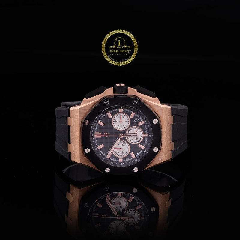 Rose Gold Chronograph Sports Watch - Black Ceramic Bezel & Rubber Strap
