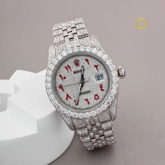 Excellent Fully Iced-Out Diamond Watch Edition with Silver Dial, Red Arabic Numerals, and Custom Diamond Bracelet