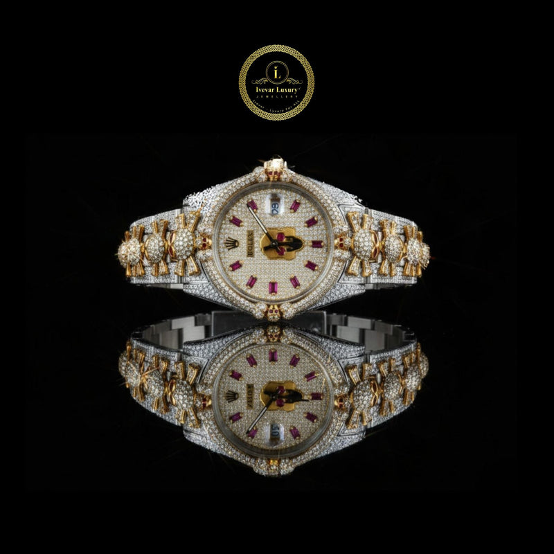 Exquisite Gold and Silver Diamond-Studded Luxury Watch with Pink Baguette Markers, Artistic Dial, and Bow-Link Bracelet Design