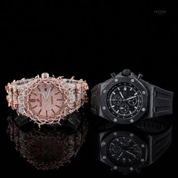 Luxury Two Tone Diamond Watch And Black Chronograph Watch Bundle For Men'