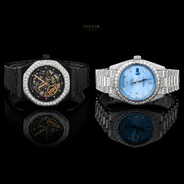 Luxury Black Skeleton And Ice Blue Crystal Watch Set Men's Watch Collection By Ivevar