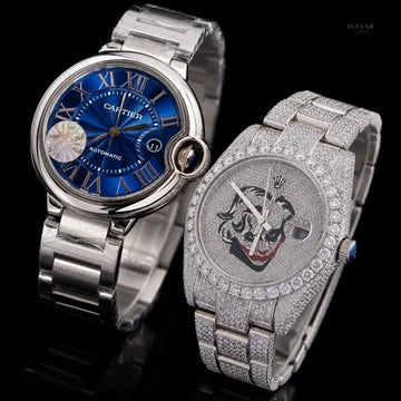 Blue Dial Automatic Watch And Full Ice Out Diamond Luxury Watch Duo