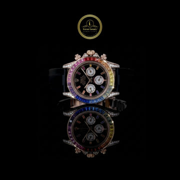 Custom Luxury Chronograph Timepiece with Multicolor Rainbow Gemstone Bezel, Black Dial,Diamond Watch -Accented Case, and Precision Subdials