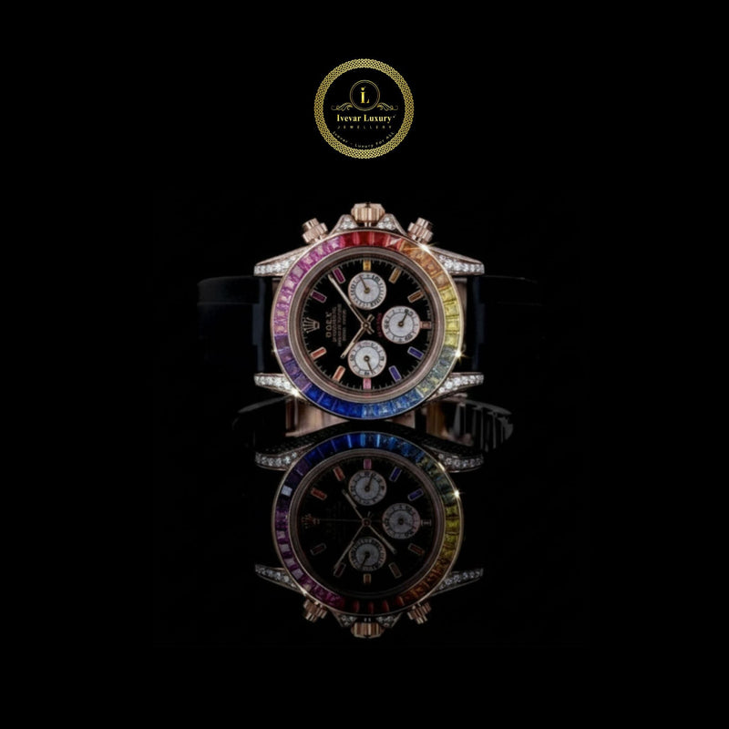 Custom Luxury Chronograph Timepiece with Multicolor Rainbow Gemstone Bezel, Black Dial,Diamond Watch -Accented Case, and Precision Subdials