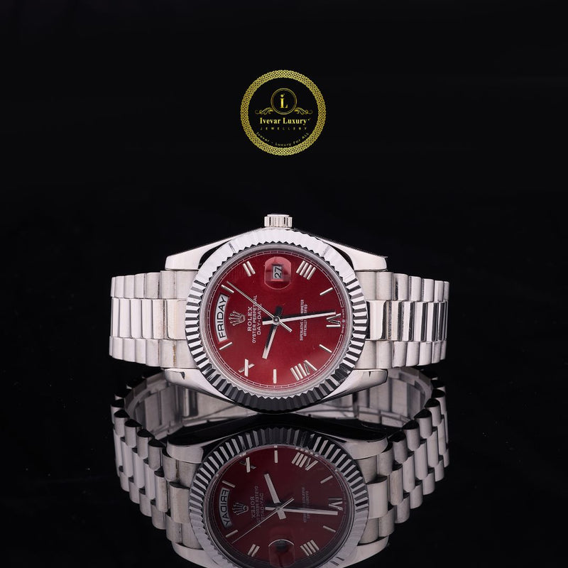 Elite Executive Day-Date Radiant Cherry Red Dial with Fluted Bezel & President-Style Bracelet Watch
