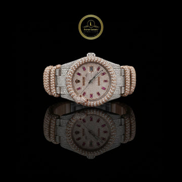 Exquisite Two-Tone Iced-Out Luxury Diamond Watch with Ruby Accents and Snake-Inspired Design