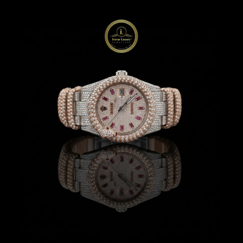 Exquisite Two-Tone Iced-Out Luxury Diamond Watch with Ruby Accents and Snake-Inspired Design