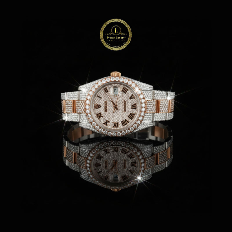 Beautiful Rose Gold Luxury Diamond Watch with Paved Dial and Roman Markers By Ivevar Luxury