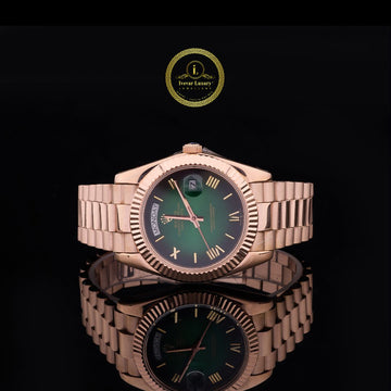 Rose Gold Executive Day-Date Watch Olive Green Ombré Dial with Fluted Bezel & President Bracelet