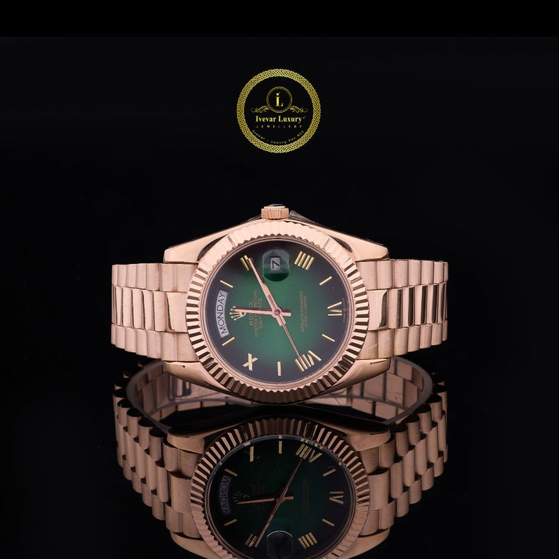 Rose Gold Executive Day-Date Watch Olive Green Ombré Dial with Fluted Bezel & President Bracelet