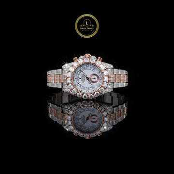 Luxurious Rose Gold and Silver Diamond-Embellished Chronograph Watch with Intricate Pave Setting and Bold Statement Bezel