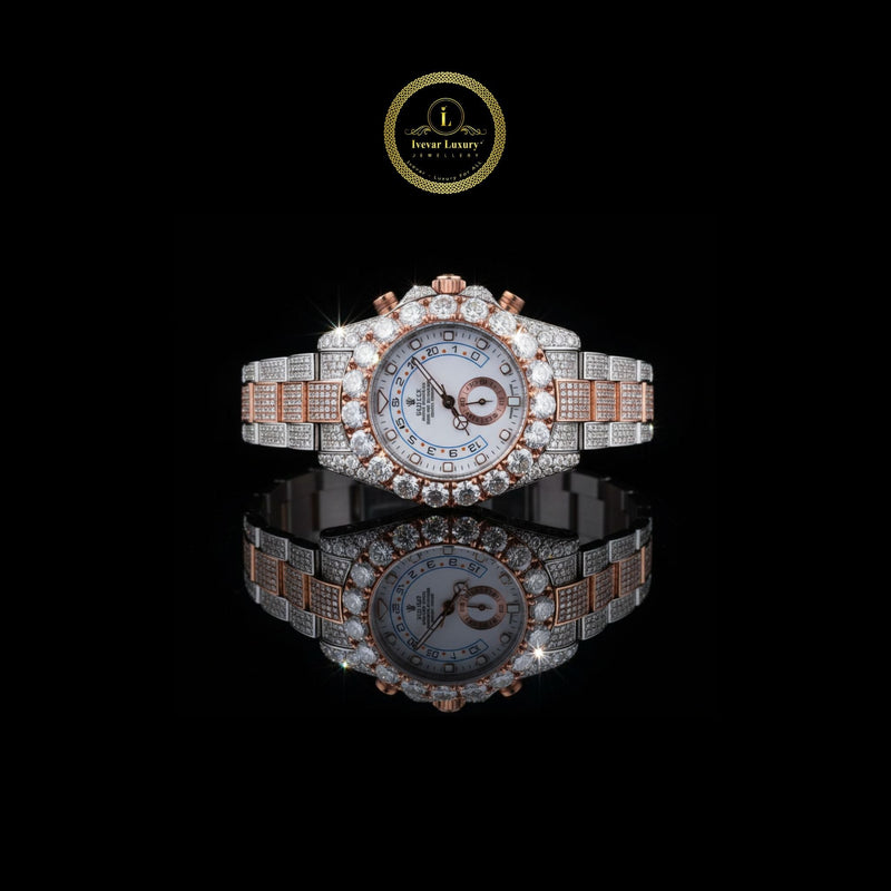 Luxurious Rose Gold and Silver Diamond-Embellished Chronograph Watch with Intricate Pave Setting and Bold Statement Bezel