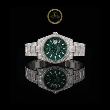 Prestige Iced-Out Silver Diamond Watch Bold Green Face and Date Display For Men