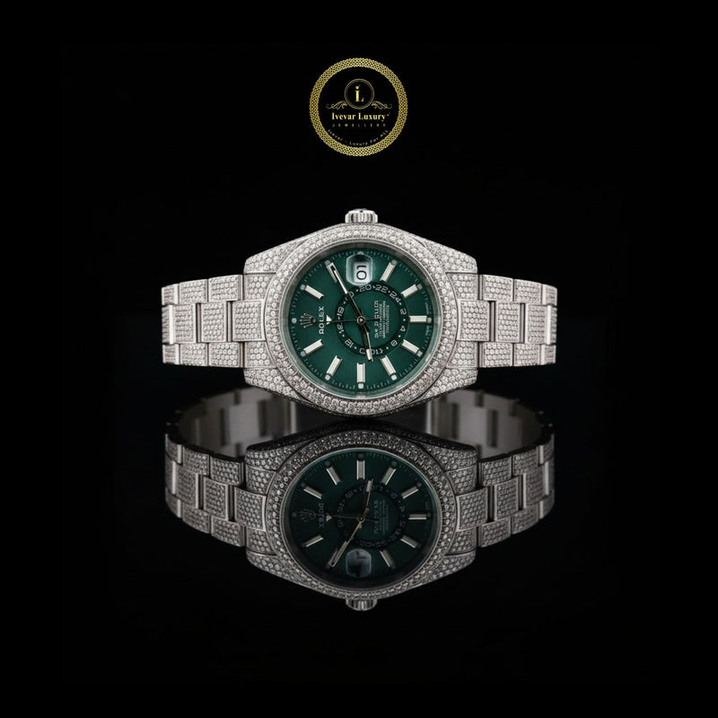 Prestige Iced-Out Silver Diamond Watch Bold Green Face and Date Display For Men