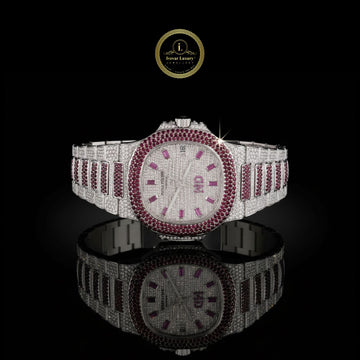 Full Iced Out Pave Set Ruby & White Moissanite Diamond Custom Watch - Luxury Dual Tone Men’s Timepiece