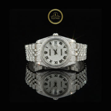 Luxury All-Silver Diamond Watch Timepiece with Paved Dial and Roman Markers For Him