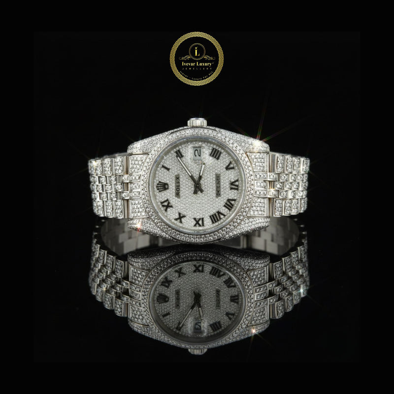 Luxury All-Silver Diamond Watch Timepiece with Paved Dial and Roman Markers For Him