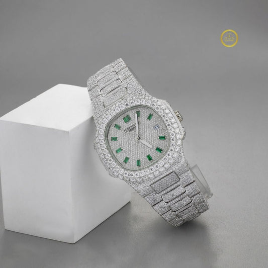 Iced Round Vision Diamond Watch – Fully Custom Luxury Timepiece with Emerald Green Accents Hour Markers and Pave Setting by Ivevar