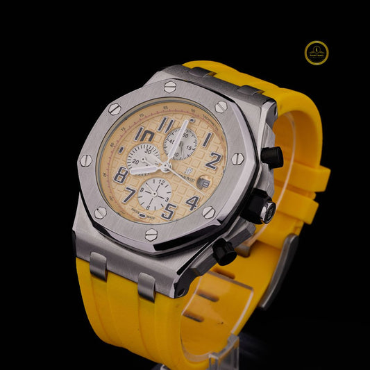 Luxury Sports Chronograph Watch - Cream Tapisserie Dial with Vibrant Yellow Rubber Strap