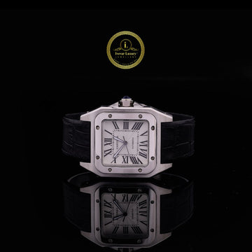 Classic Square Automatic Watch - Silver Case & Black Croc-Effect Leather Strap
