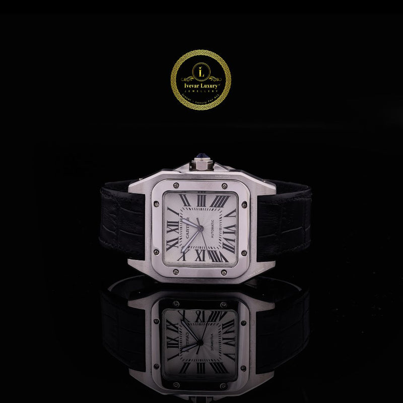 Classic Square Automatic Watch - Silver Case & Black Croc-Effect Leather Strap