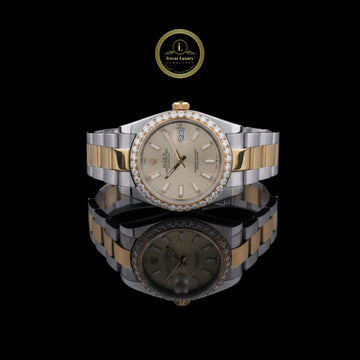 Elegant Two-Tone Stainless Steel and Gold Luxury Watch with Diamond Bezel Champagne Dial, and Date Display