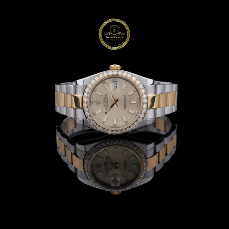 Elegant Two-Tone Stainless Steel and Gold Luxury Watch with Diamond Bezel Champagne Dial, and Date Display