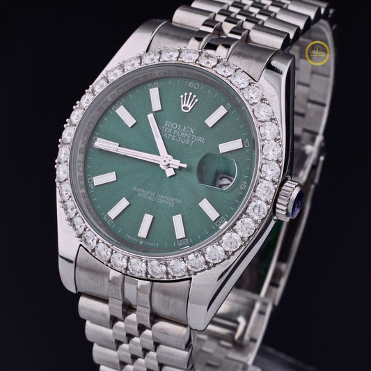 Prestige Silver Timepiece with Emerald Green Dial Diamond Bezel and Jubilee Bracelet watch