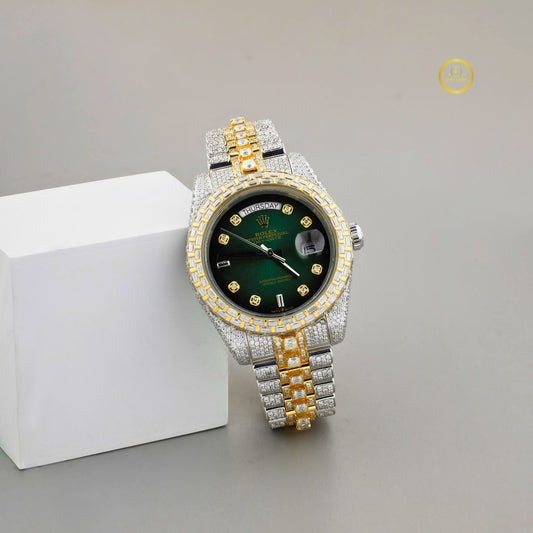 Prestige Emerald Green Dial Diamond-Studded Two-Tone Gold and Silver Luxury Watch with Baguette Bezel and Date Display