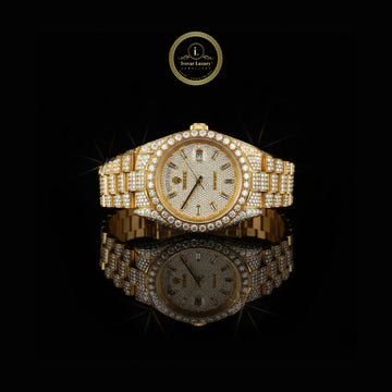 Exquisite Solid Yellow Gold Fully Iced-Out Diamond Watch Timepiece with Pave Set Dial