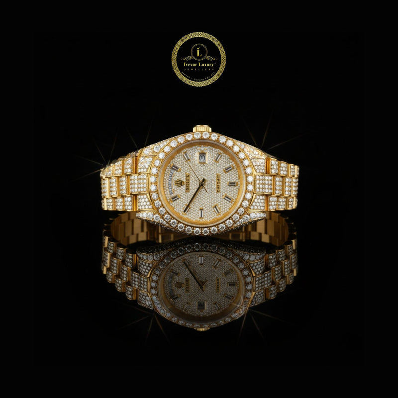 Exquisite Solid Yellow Gold Fully Iced-Out Diamond Watch Timepiece with Pave Set Dial